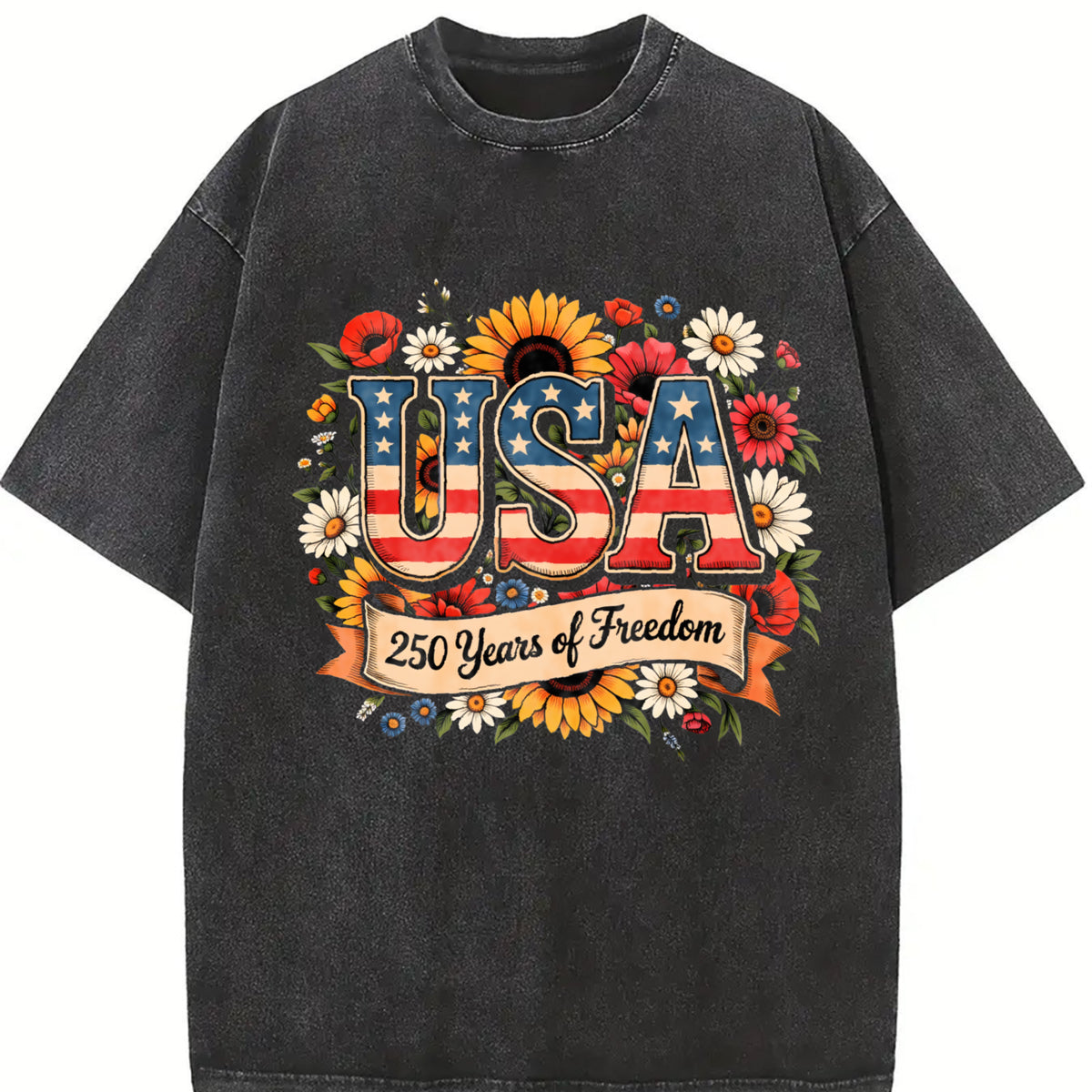 4th of July Patriotic: USA 250th Anniversary Flag Vintage Washed T-Shirt in Black