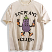 Eggplant Club Veggie Lover Retro Cartoon Vintage Washed T-Shirt in Beige