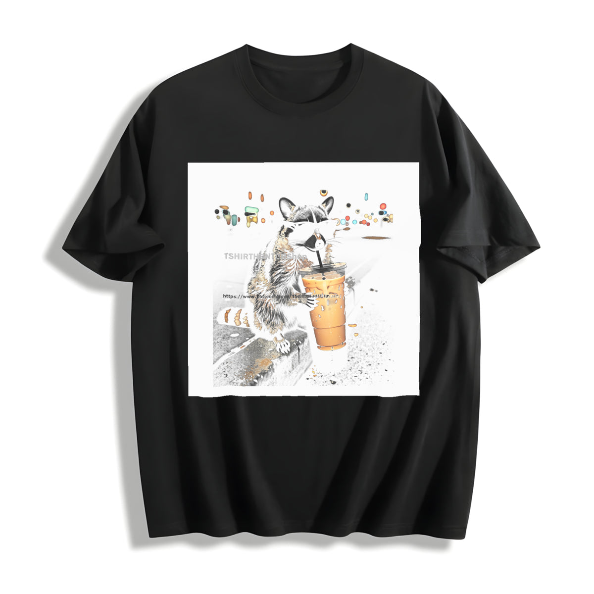 Raccoon Drinking Iced Coffee Cotton T-Shirt in Black