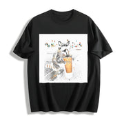 Raccoon Drinking Iced Coffee Cotton T-Shirt in Black