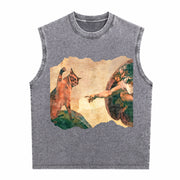 Cat Swatting God's Hand Parody Cat the Divine Swipe Vintage Washed Tank Top in Gray