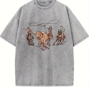 Western Cowboy Alien Vintage Washed T-Shirt in Gray