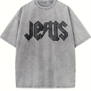 Jesus Embroidered Christian Vintage Washed T-Shirt in Gray