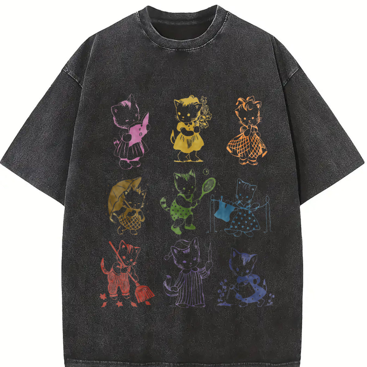 Cat 90s Tattoo Retro Kitten Cute Vintage Washed T-Shirt in Black