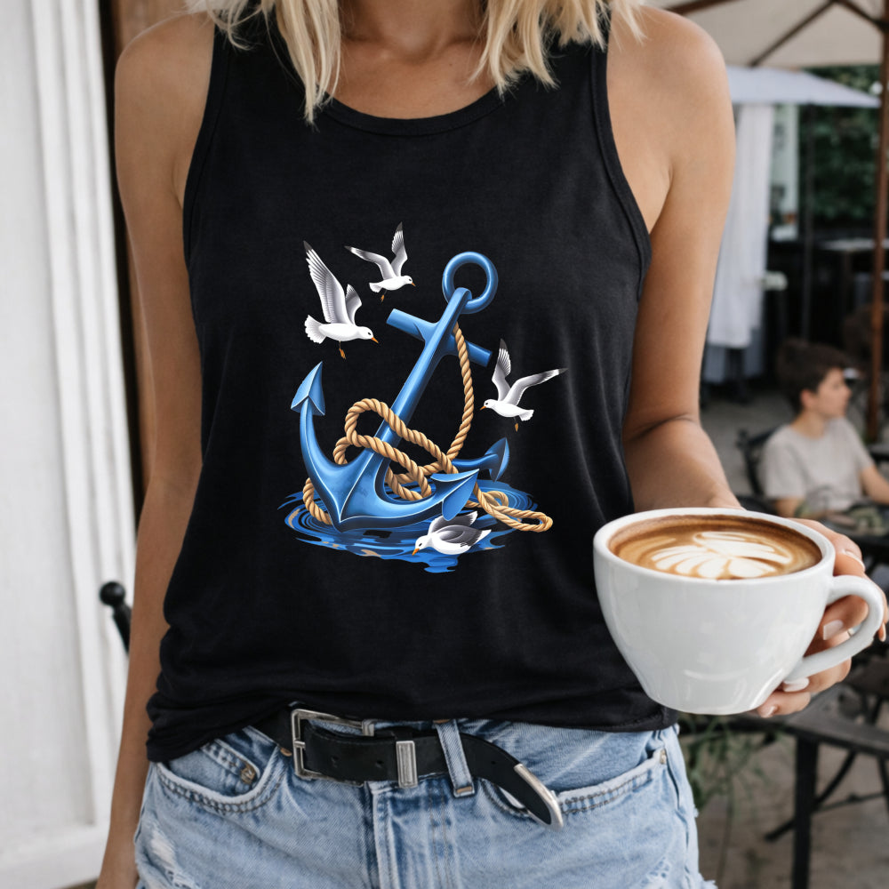 Nautical Anchor and Seagulls Women's Color Cotton Tank Top in Black