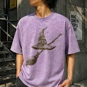 Witchy Celestial 90s Retro Witch Hat Broom Vintage Washed T-Shirt in Purple