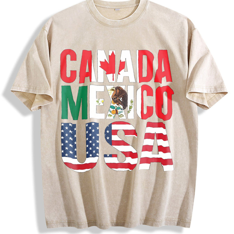 CAN MEX USA Country Flag Letter Sleeveless Tank Vintage Washed T-Shirt in Beige