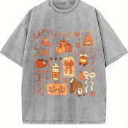 Preppy Fall Bow Pumpkin Pullover Vintage Washed T-Shirt in Gray