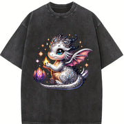 Silvery-gray Little Dragon with Exquisite Vintage Washed T-Shirt in Black