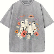 2024 Halloween Playful Ghosts with Crowns & Floral Bats Vintage Washed T-Shirt in Gray