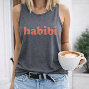 Habibi Red Text Crew-neck Sleeveless Vest Outdoor Women's Color Cotton Tank Top in Gray
