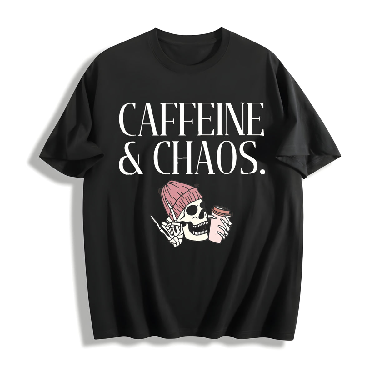 Caffeine and Chaos Cotton T-Shirt in Black