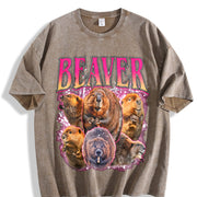 Beaver Retro Wildlife Animal Vintage Washed T-Shirt in Brown