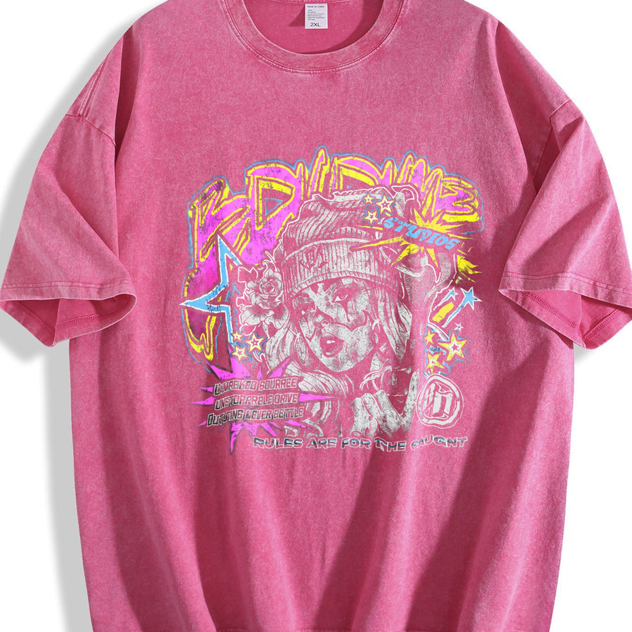Graffiti Clown Girl Black Hip Hop Vintage Washed T-Shirt in Red