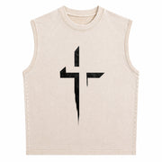 With Patterned Cross Vintage Washed Tank Top in Beige