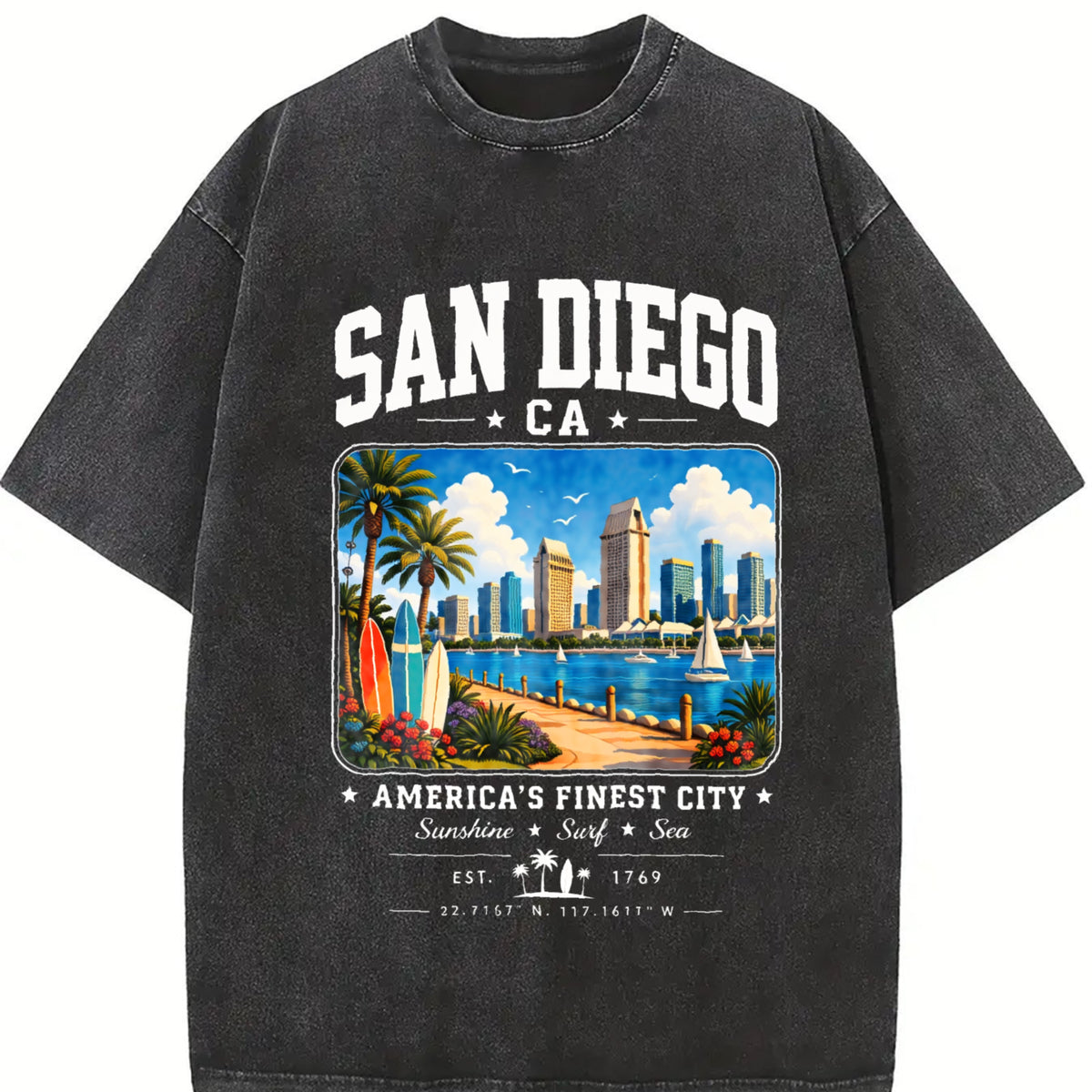 San Diego California Vintage Washed T-Shirt in Black