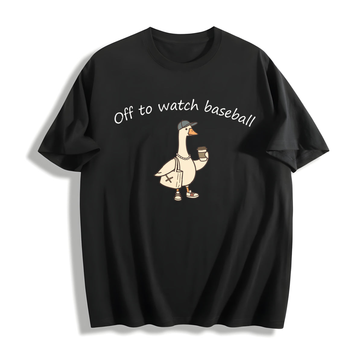 Off to Watch Baseball Goose Cotton T-Shirt in Black