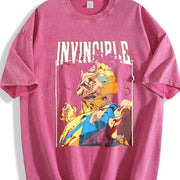 With Dark 'Invincible Comic Character And Text INVINCIBLE' vintage washed oversized T-shirt in Red