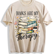 Retro Floral Book Lover Vintage Washed T-Shirt in Beige