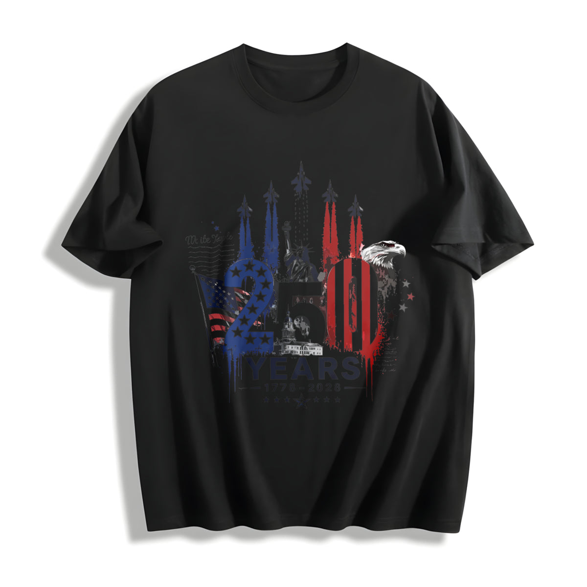 USA 250 Years V-neck Cotton T-Shirt in Black