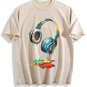 Loose Single Side - With Vibrant Headphones Drip Paint vintage washed oversized T-shirt in Beige