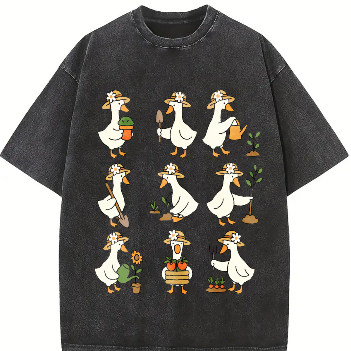 Cute Goose Gardening Vintage Washed T-Shirt in Black