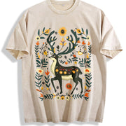 Bohemian Folk Art Vibrant Deer & Floral Vintage Washed T-Shirt in Beige