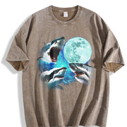 Three Sharks Retro Shark Moon Vintage Washed T-Shirt in Brown