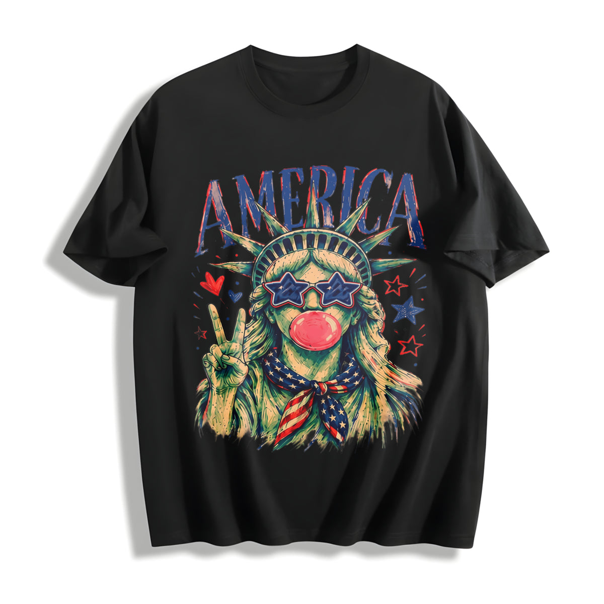 Preppy Statue of Liberty Blowing Bubble Gum Cotton T-Shirt in Black