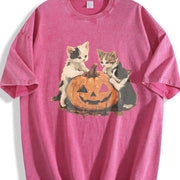 Halloween Kittens & Pumpkin vintage washed oversized T-shirt in Red
