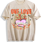One Love Flame Heart Sleeveless Tank Vintage Washed T-Shirt in Beige