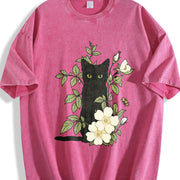 Animal Floral Cat 1pc Vintage Washed T-Shirt in Red