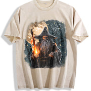 Fantasy Wizard Retro Wizard Moon Spell Vintage Washed T-Shirt in Beige