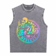 Have the Day You Deserve Skeleton Tie Dye Motivational Vintage Washed Tank Top in Gray