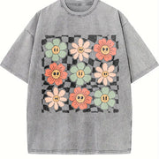 Retro Checkered Flower Vintage Washed T-Shirt in Gray