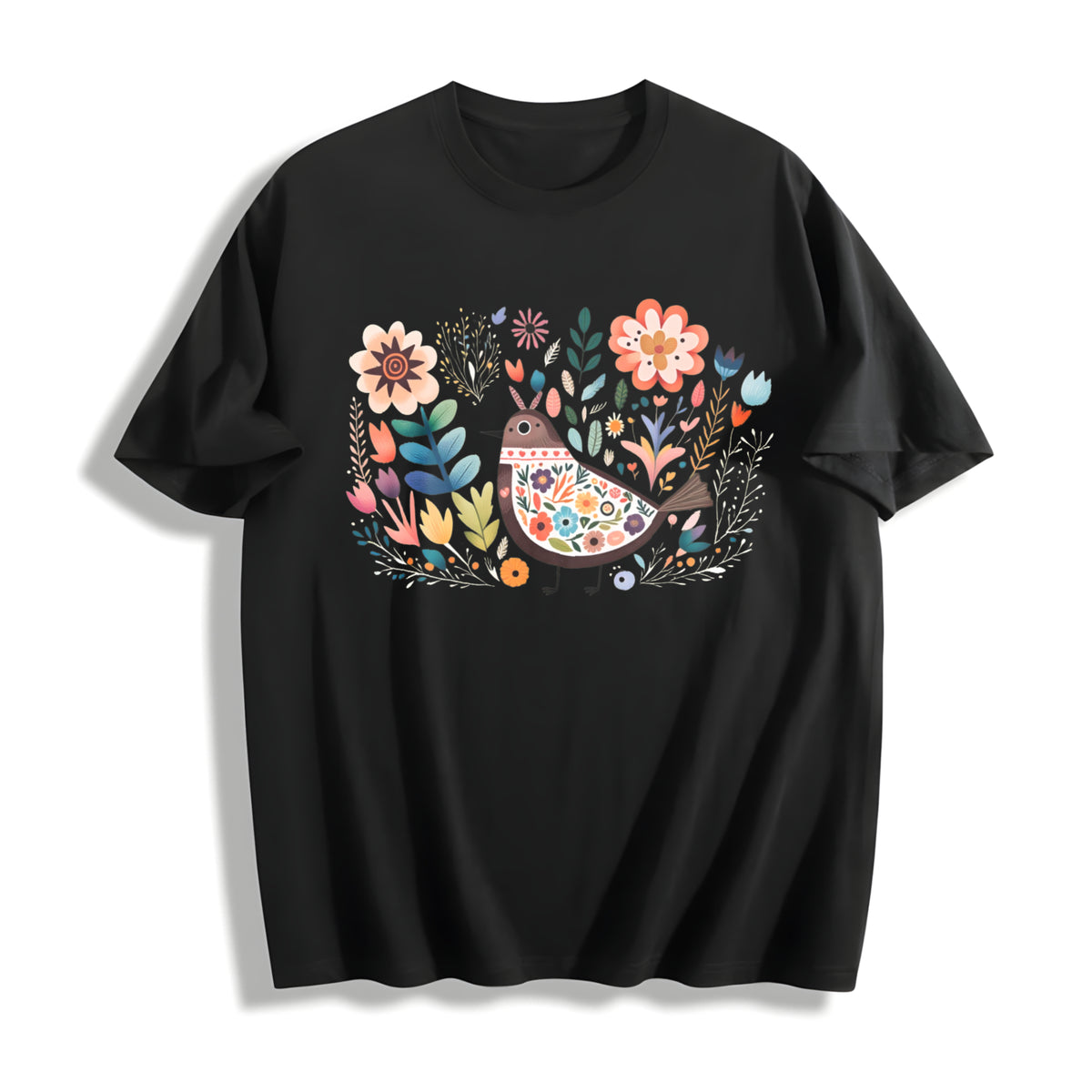 Short-sleeve with a Mexican and Bohemian Cotton T-Shirt in Black