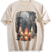 Teacher Halloween Ghost Book Reading Camping Vintage Washed T-Shirt in Beige