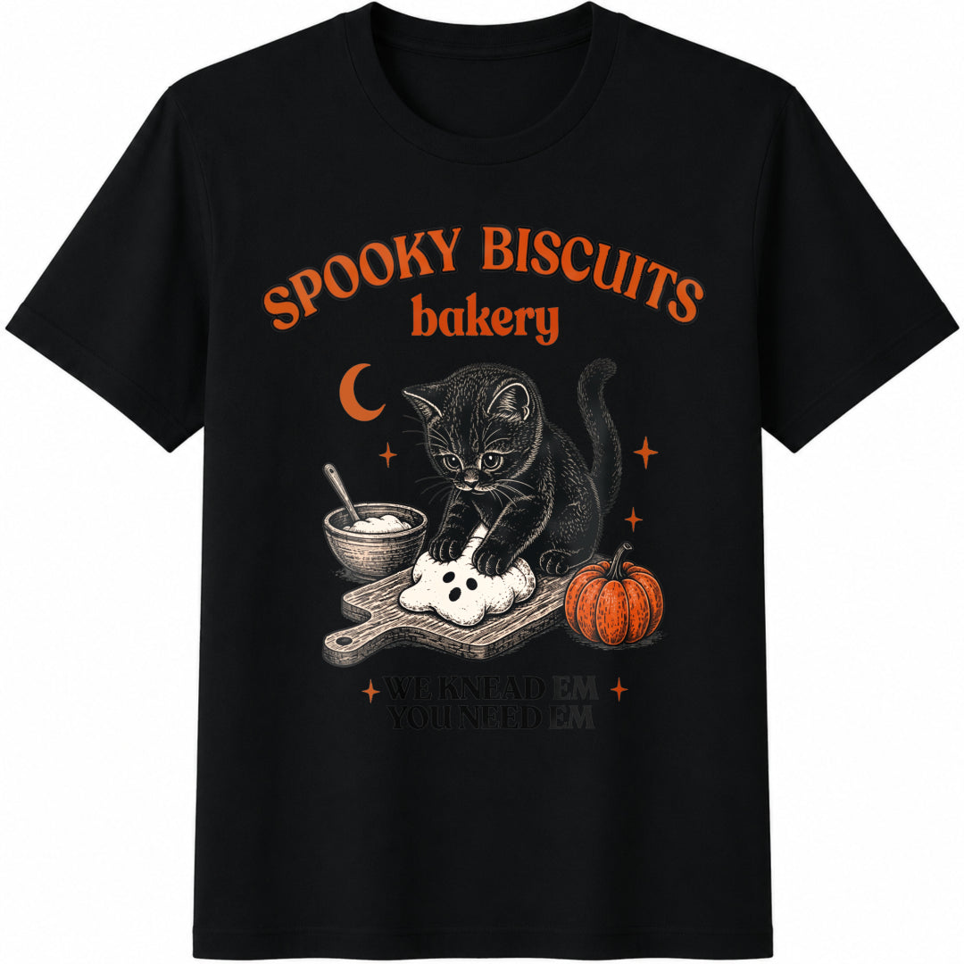Kitty Biscuits Spooky Season Black Cat Halloween Fall Cotton T-Shirt in Black