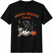 Kitty Biscuits Spooky Season Black Cat Halloween Fall Cotton T-Shirt in Black