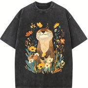 Short-sleeve with Otter & Botanical Vintage Washed T-Shirt in Black
