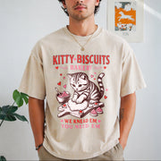 Valentines Cat Kitty Biscuits Bakery Vday Cat Lover Vintage Washed T-Shirt in Beige