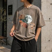Capybara Moon Retro Meme Moon Vintage Washed T-Shirt in Brown