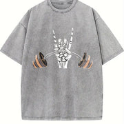 Skeleton Hand Lifting a Barbell Vintage Washed T-Shirt in Gray