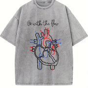 Simple Letter and Peace Heart One-piece Vintage Washed T-Shirt in Gray