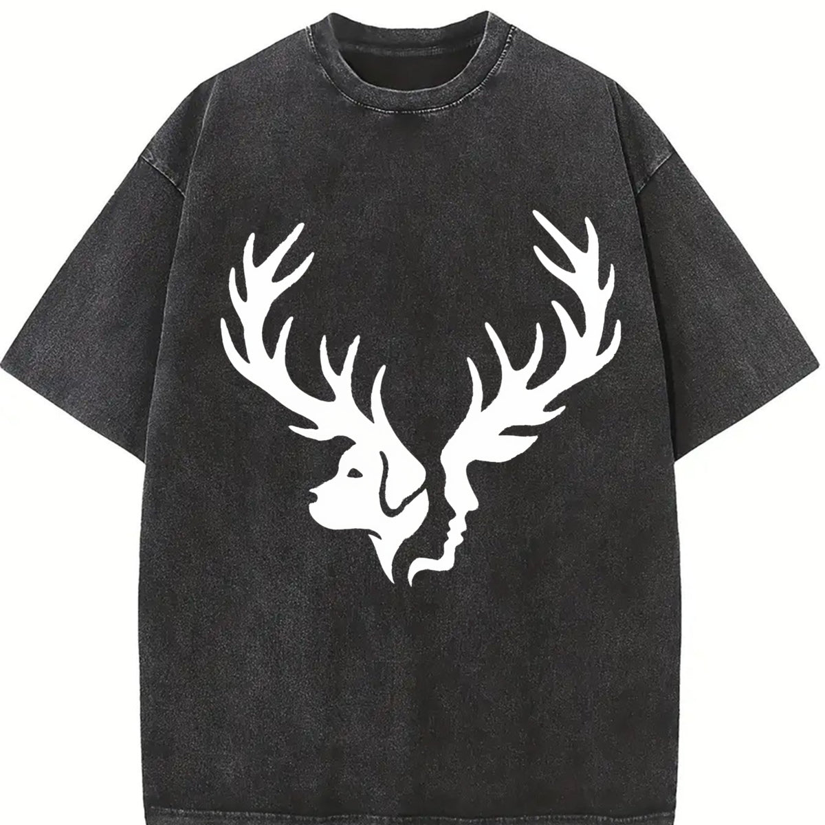 Effortless Chic Urban Explorer Statement: Two Deer Heads Vintage Washed T-Shirt in Black