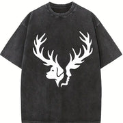 Effortless Chic Urban Explorer Statement: Two Deer Heads Vintage Washed T-Shirt in Black