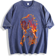 Yoriichi Tsugikuni Demon Slayer – Sun Breathing Flame vintage washed oversized T-shirt in Blue