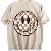 Retro Checkered Leopard Smiley vintage washed oversized T-shirt in Beige