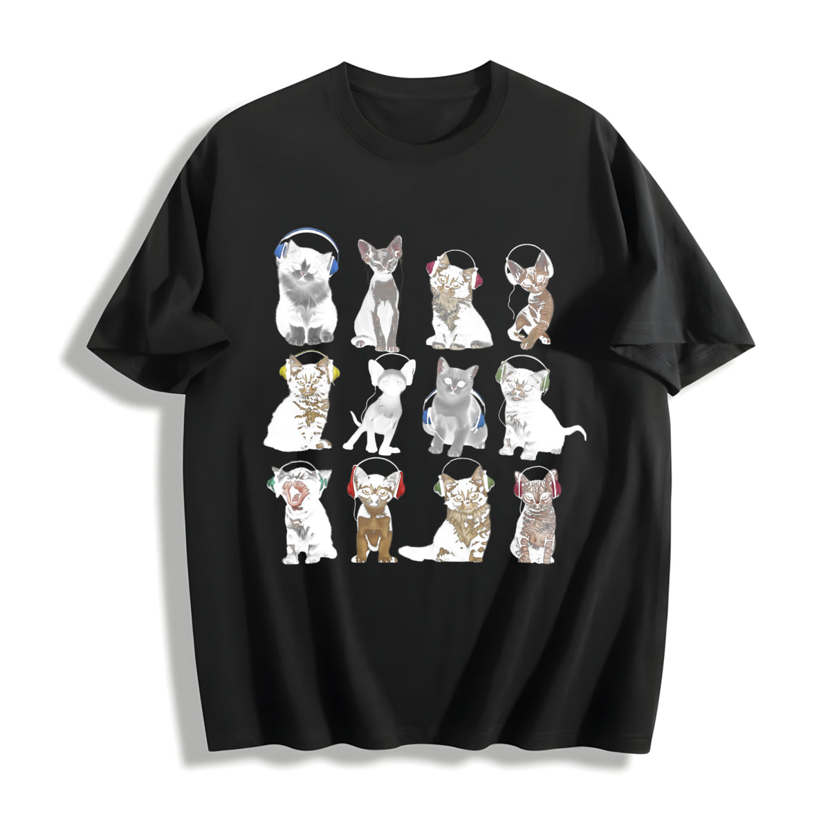 Cats with Headphones Cotton T-Shirt in Black