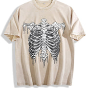Gothic Skeleton Ribcage Drip Sleeveless Tank Vintage Washed T-Shirt in Beige